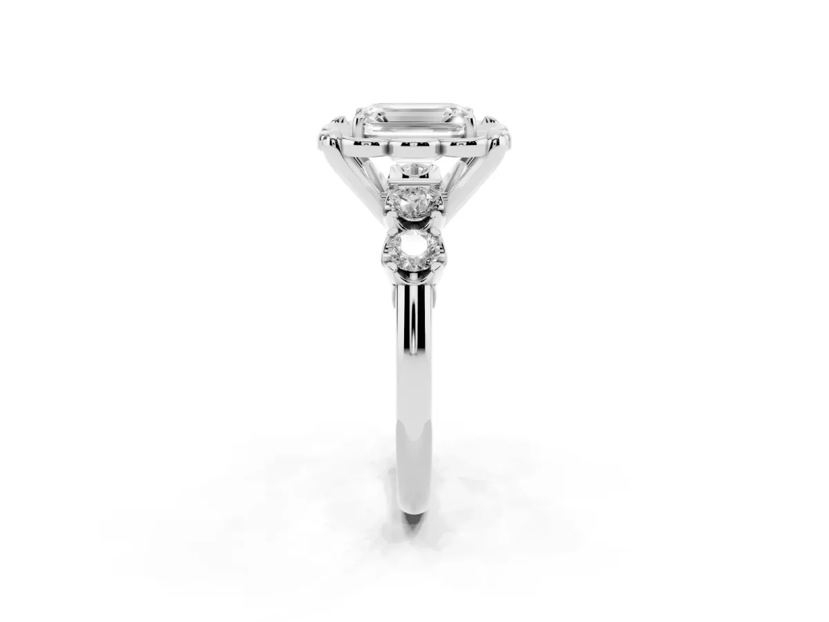 Emerald Cut Cut Diamond Floral Halo Engagement Ring with Shared Prong Setting Platinum