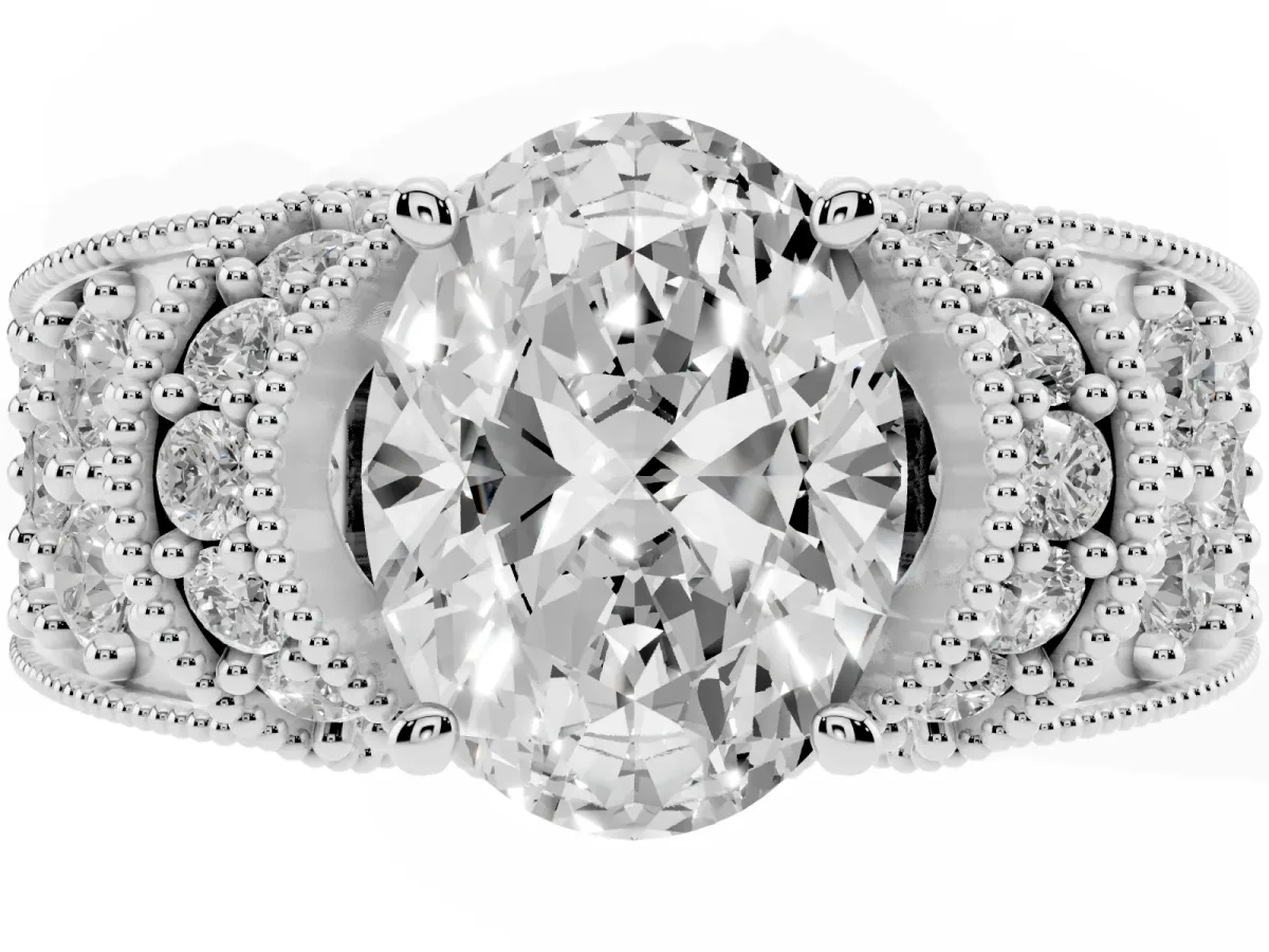 Oval Cut Halo Pave Diamond Engagement Ring with Milgrain Detailing Platinum