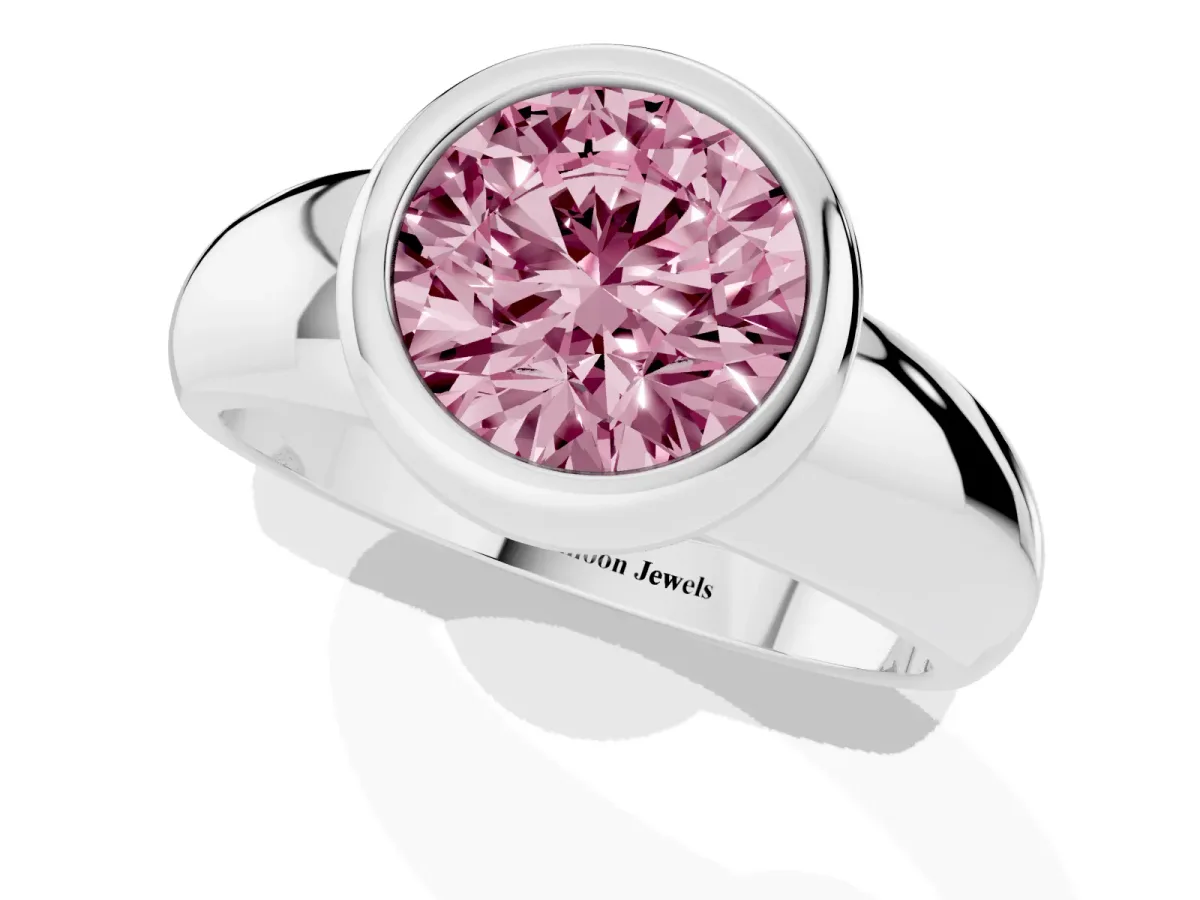 Fancy Pink Bezel Set Round Cut Solitaire Ring with Wide Band White gold