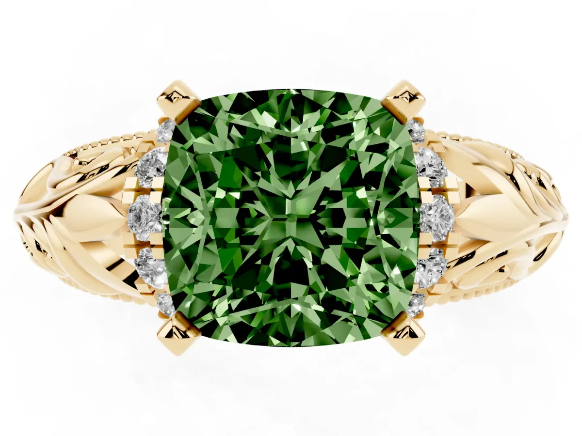 Fancy Green Cushion Cut Solitaire Filigree Engagement Ring with Halo and Prong Setting Yellow gold