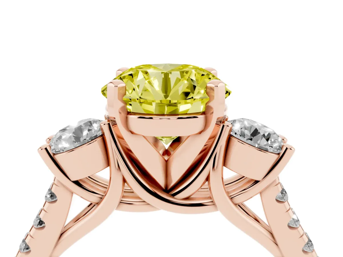 Fancy Yellow Three-Stone Round Cut Diamond Pavé Band with Four-Prong Setting Rose gold