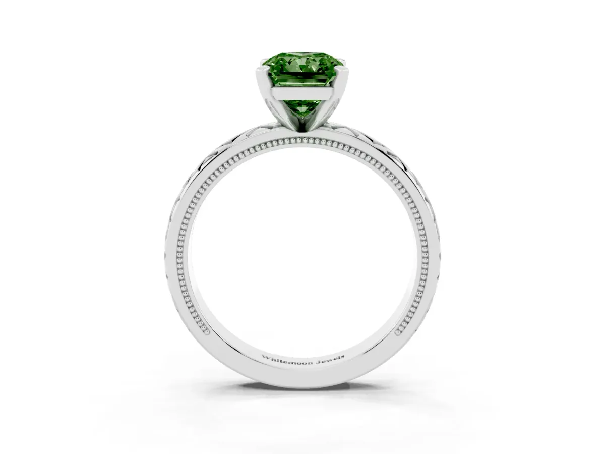 Fancy Green Radiant Cut Solitaire Diamond Ring with Milgrain and Black Enamel X Pattern Band Silver