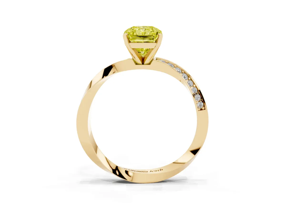 Fancy Yellow Radiant Cut Diamond Engagement Ring with Side Stone Accents and Four-Prong Setting Yellow gold