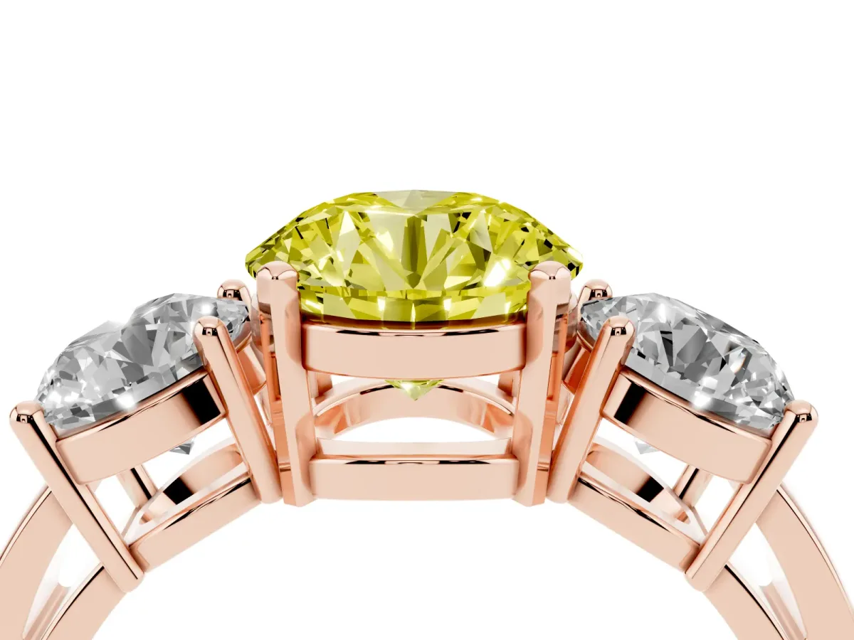 Fancy Yellow Three-Stone Round Cut Diamond Ring with Round Side Stones, Classic Band, and Four-Prong Setting Rose gold