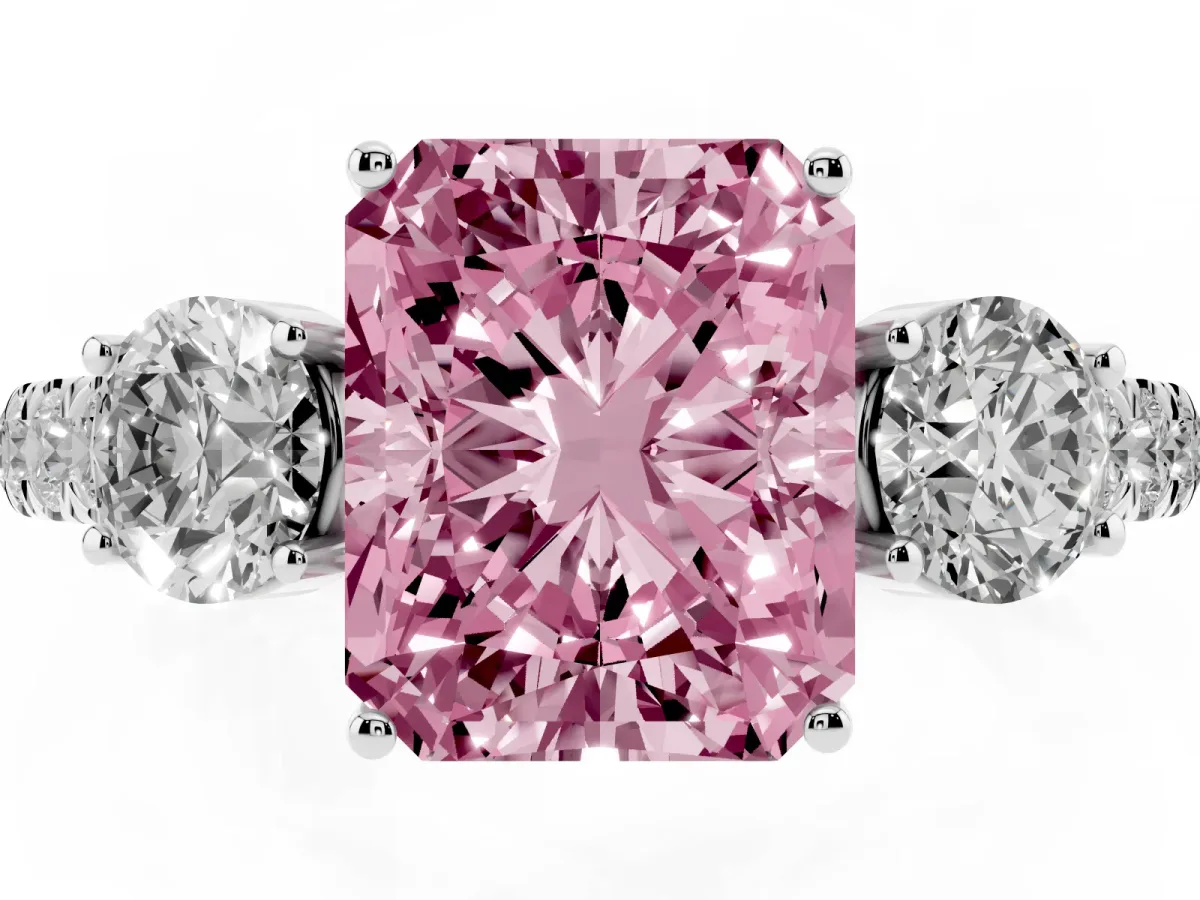Fancy Pink Radiant Cut Cut Diamond Three-Stone Ring with Round Side Stones and Pavé Band Silver
