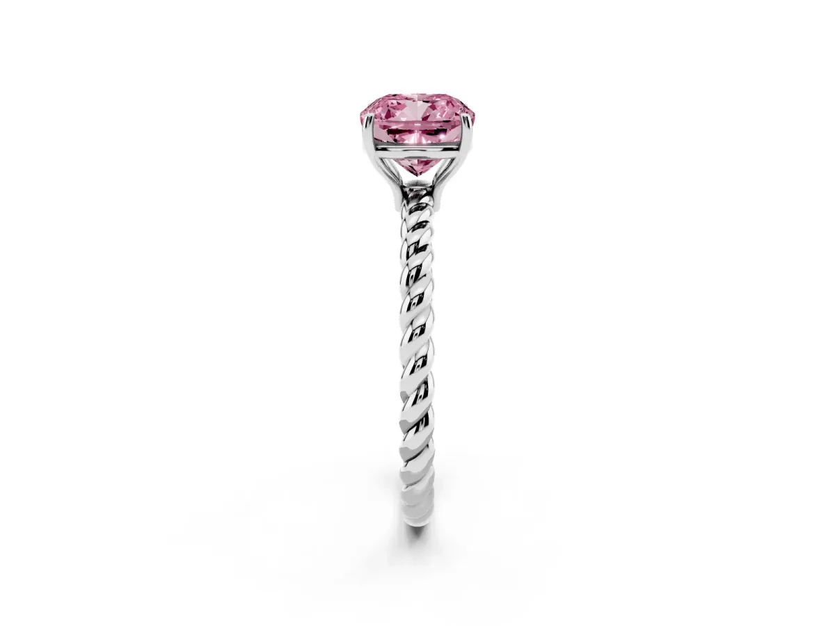 Fancy Pink Cushion Cut Solitaire Twist Band Ring with Four-Prong Setting Platinum