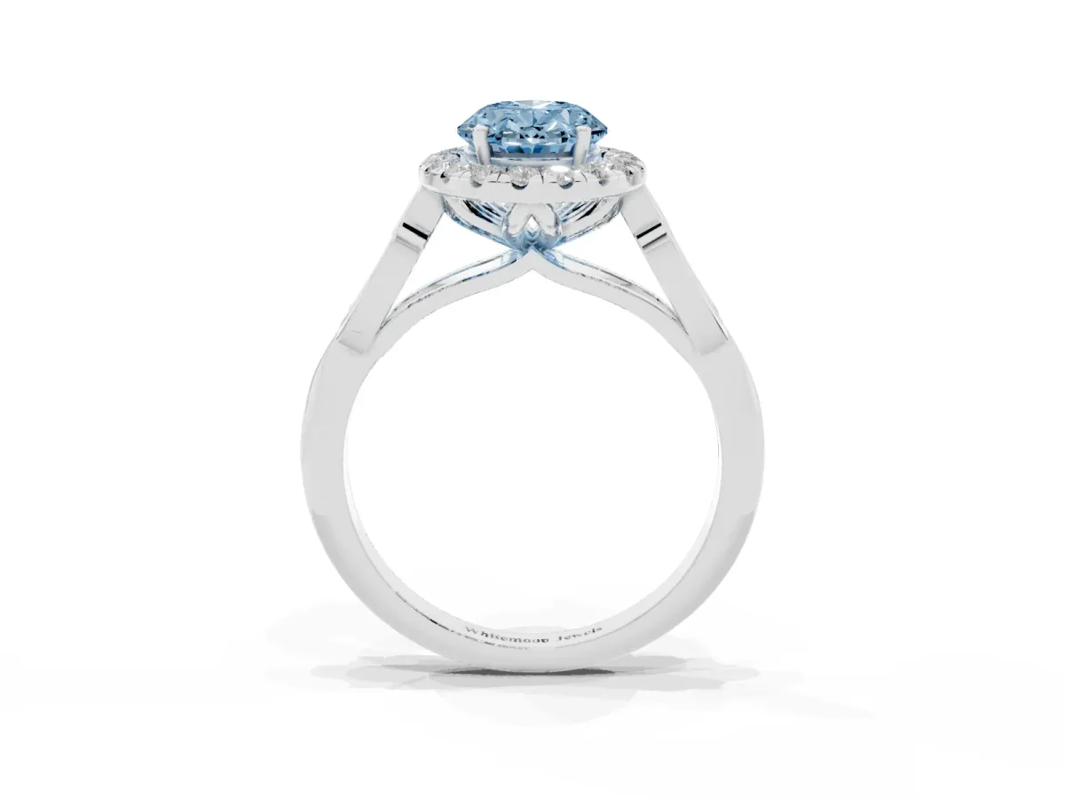 Fancy Blue Oval Cut Halo Diamond Engagement Ring with Filigree Band and Four-Prong Setting White gold