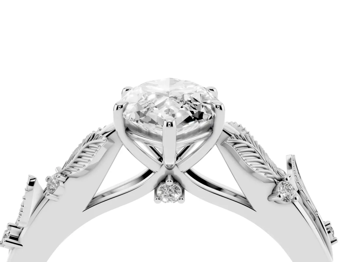 Marquise Cut Diamond Solitaire Ring with Leaf Motif Band and Four-Prong Setting Silver