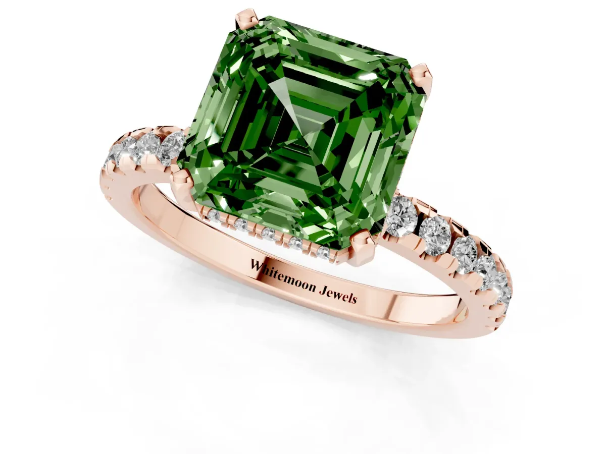 Fancy Green Asscher Cut Diamond Solitaire Ring with Round Pavé Band and Four-Prong Setting Rose gold