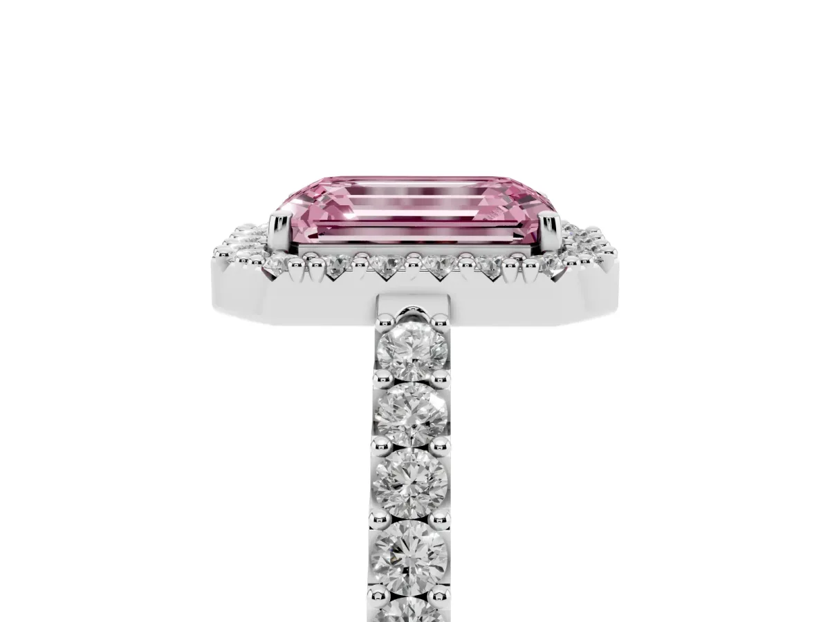 Fancy Pink Emerald Cut Halo Diamond Pavé Solitaire Ring Platinum