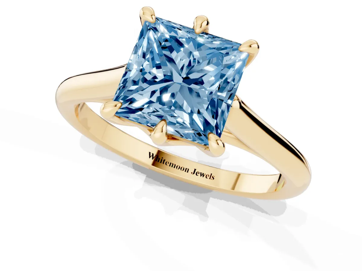 Fancy Blue Princess Cut Solitaire Engagement Ring with Six-Prong Setting and Classic Band Yellow gold