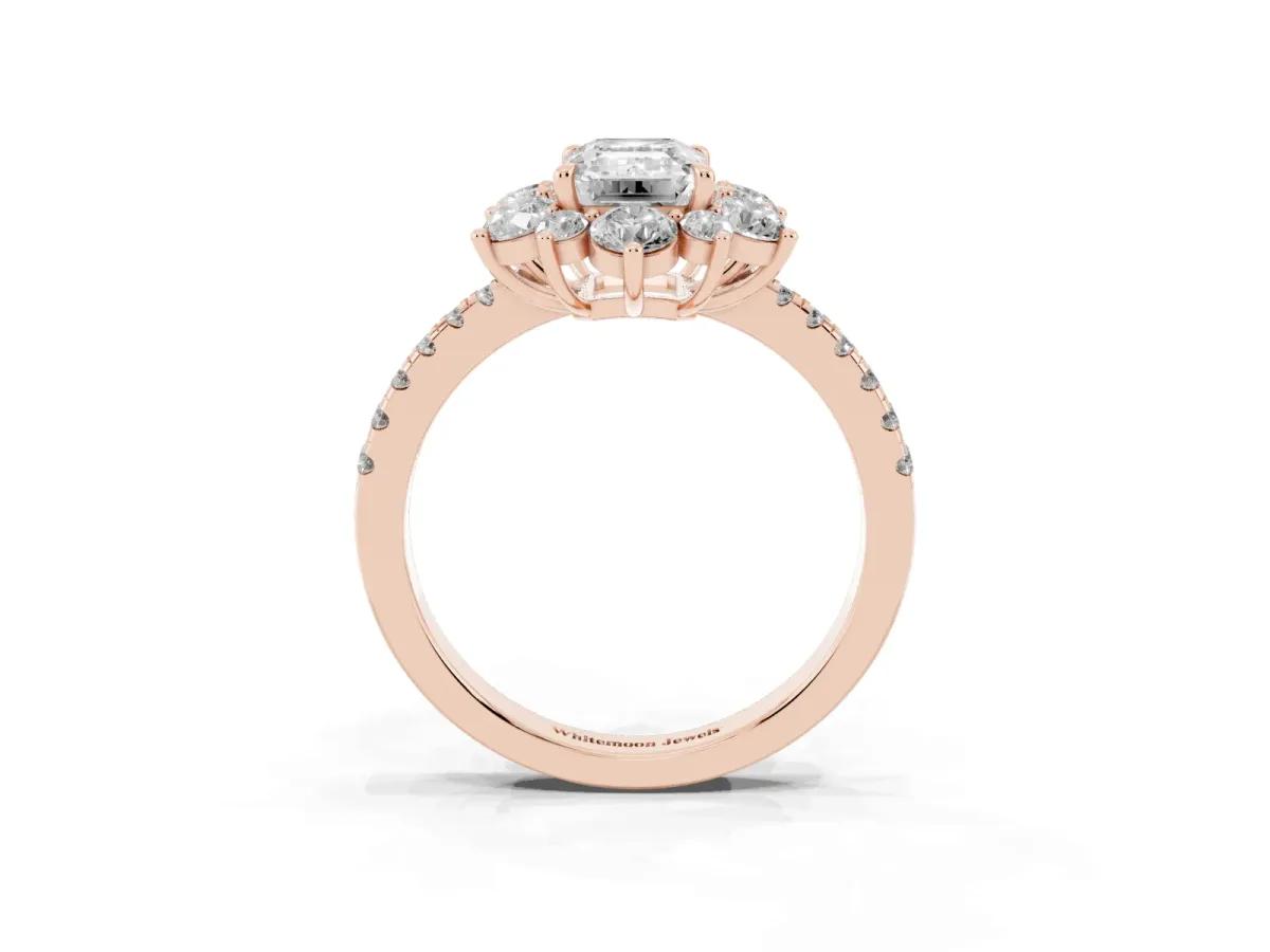 Emerald Cut Diamond Floral Halo Ring with Round Pavé Band and Prong Setting Rose gold