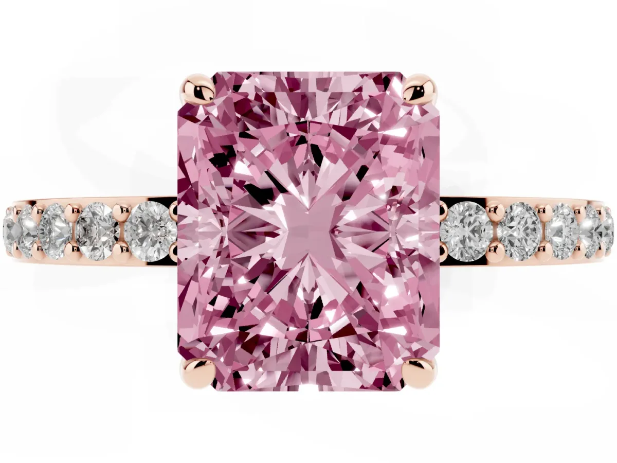 Fancy Pink Radiant Cut Diamond Pavé Engagement Ring with Round Accents and Prong Setting Rose gold