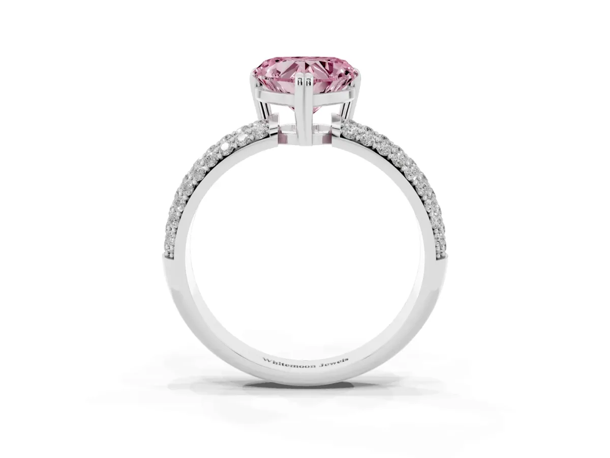 Fancy Pink Heart Cut Diamond Solitaire Ring with Multi-Row Round Pavé Band and Prong Setting Silver