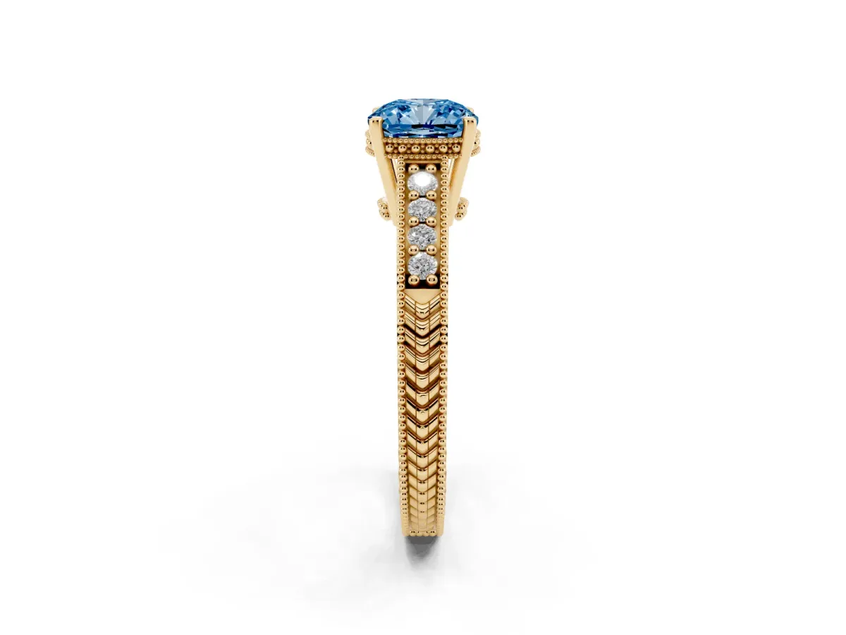 Fancy Blue Cushion Cut Solitaire Pavé Diamond Milgrain Engagement Ring with Four-Prong Setting Yellow gold