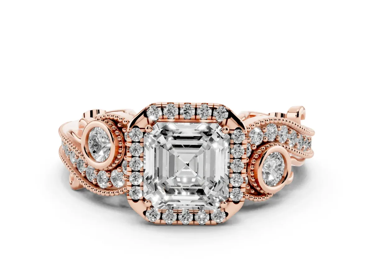 Asscher Cut Halo Diamond Ring with Milgrain and Bezel Accents on a Split Shank Band Rose gold