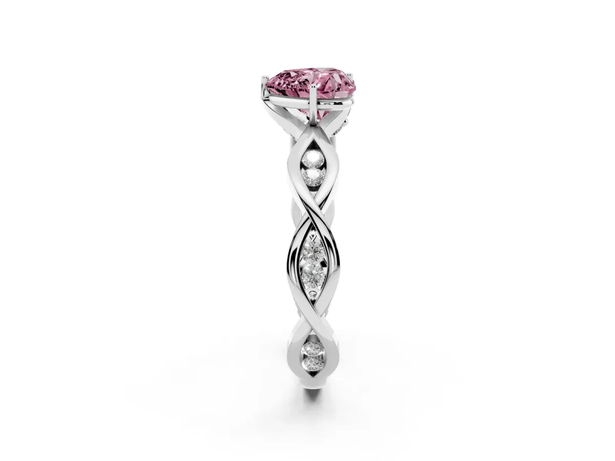 Fancy Pink Heart Cut Solitaire Twist Band with Leaf Prong Setting Platinum