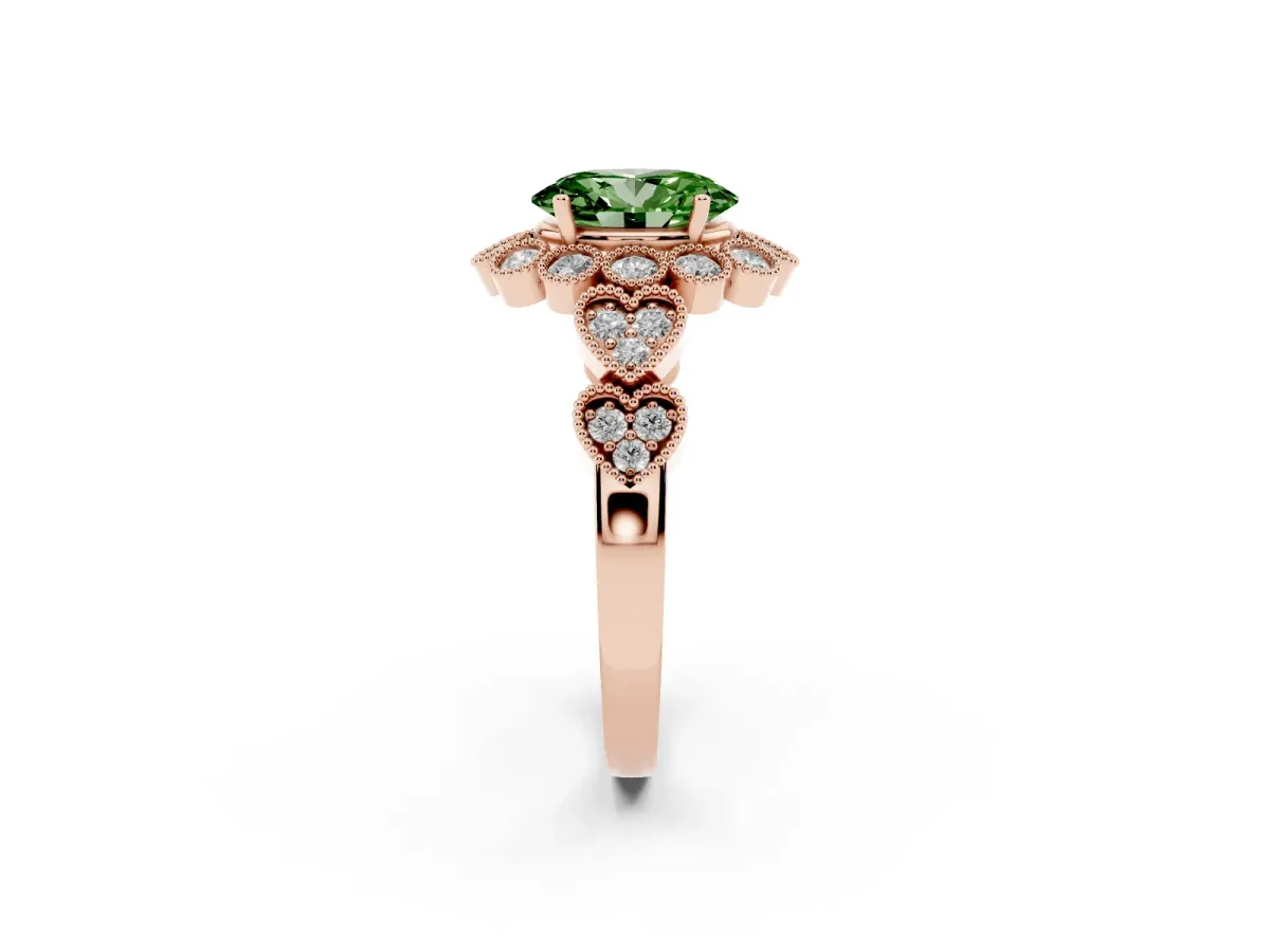 Fancy Green Oval Cut Brilliant Milgrain Pave Heart Band Solitaire Ring Rose gold