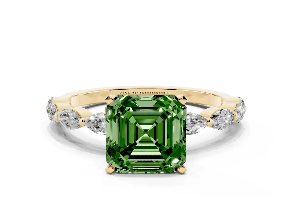 Fancy Green Asscher Cut Diamond Ring with Marquise Side Stones and Prong Setting Yellow gold