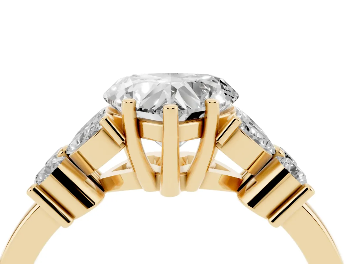 Heart Cut Diamond Floral Cluster Ring with Solitaire Band and Prong Setting Yellow gold