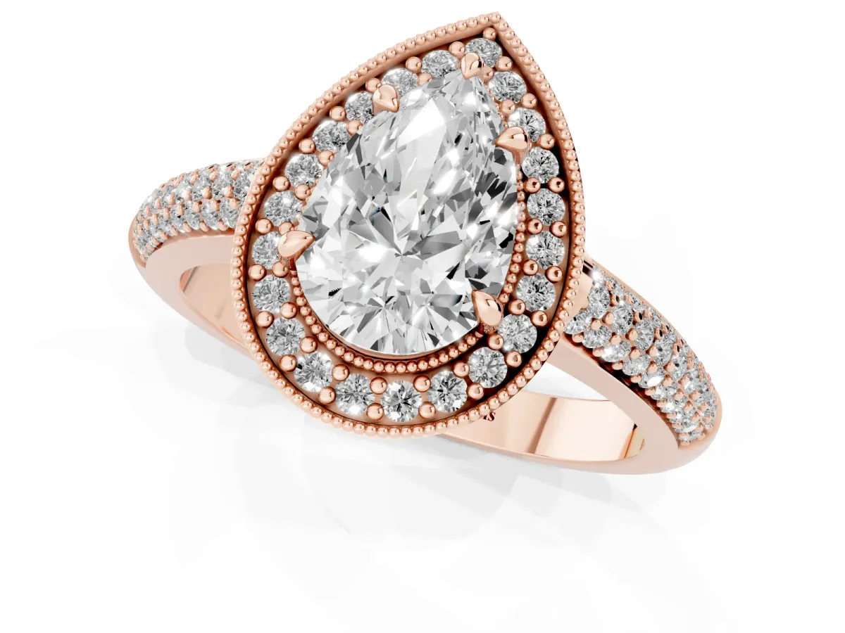 Pear Cut Cut Halo Diamond Pave Band with Four-Prong Setting Rose gold