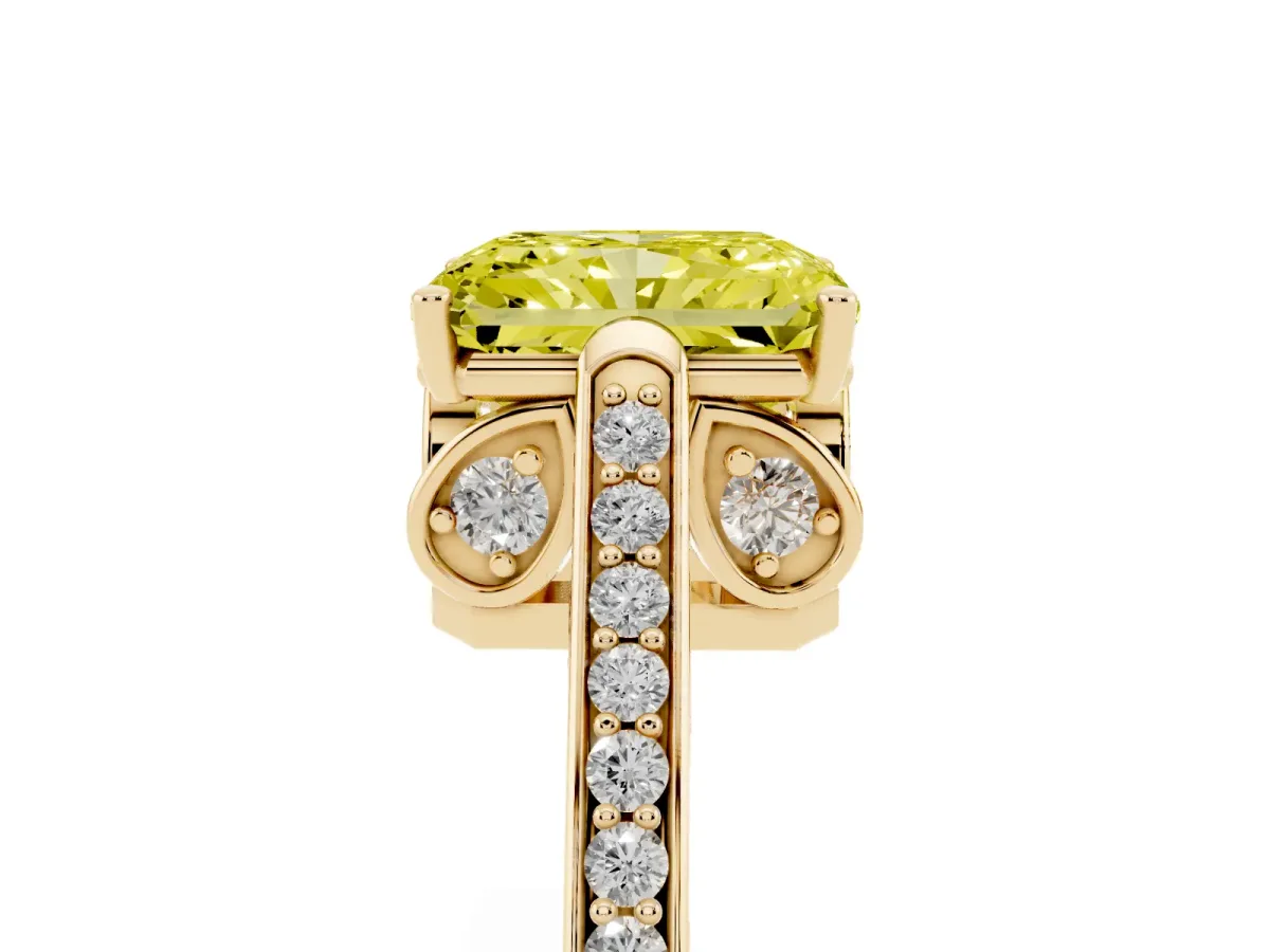Fancy Yellow Radiant Cut Cut Cathedral Pave Diamond Engagement Ring with Six-Prong Setting Yellow gold