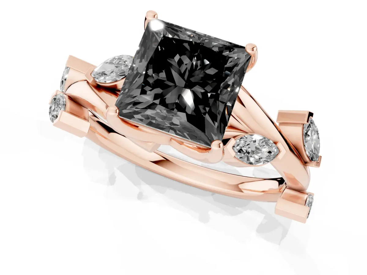 Fancy Black Princess Cut Solitaire Twisted Band Marquise Accent Prong Setting Ring Rose gold