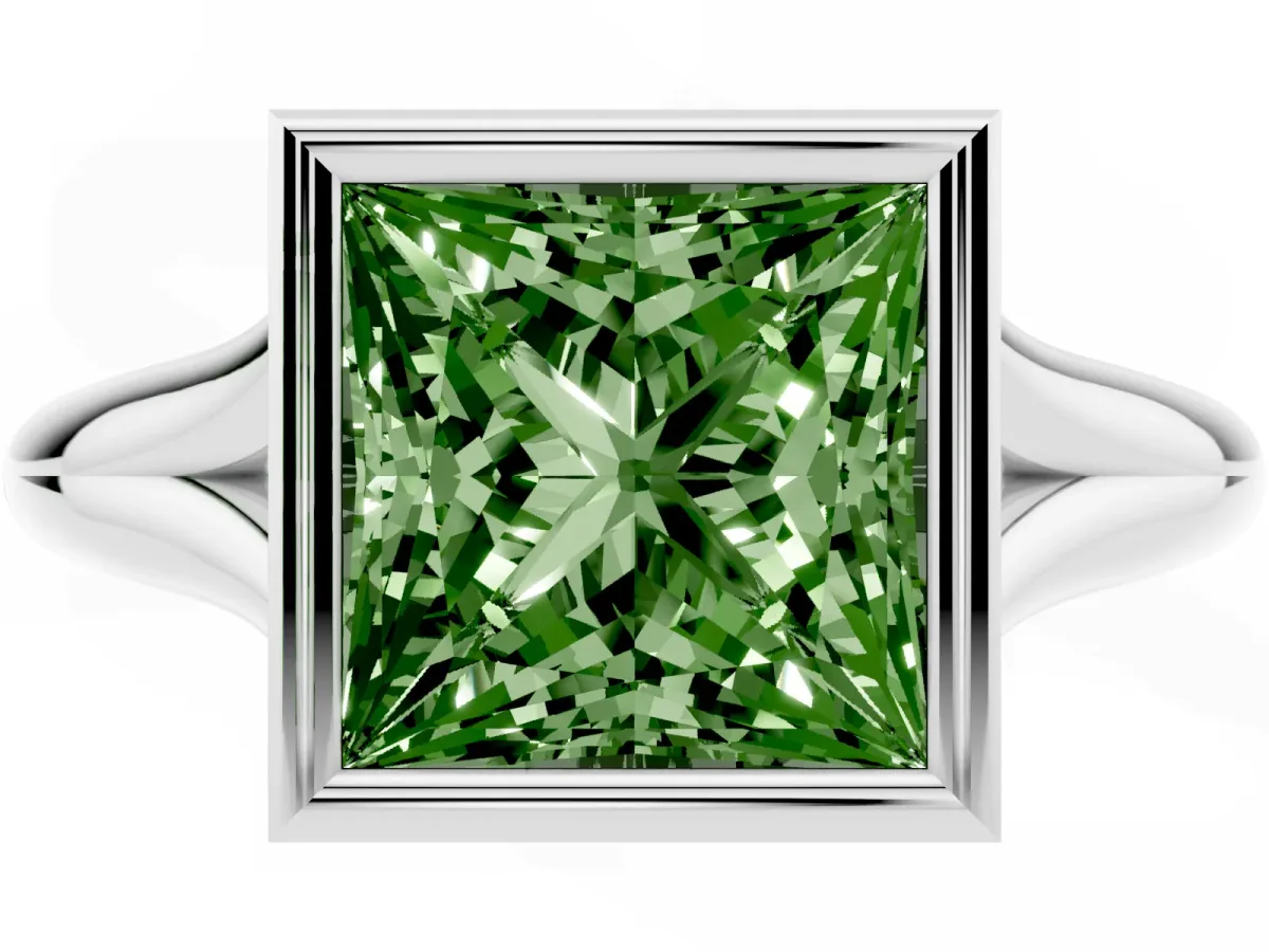 Fancy Green Bezel Set Princess Cut Solitaire Diamond Ring with Smooth Band Platinum