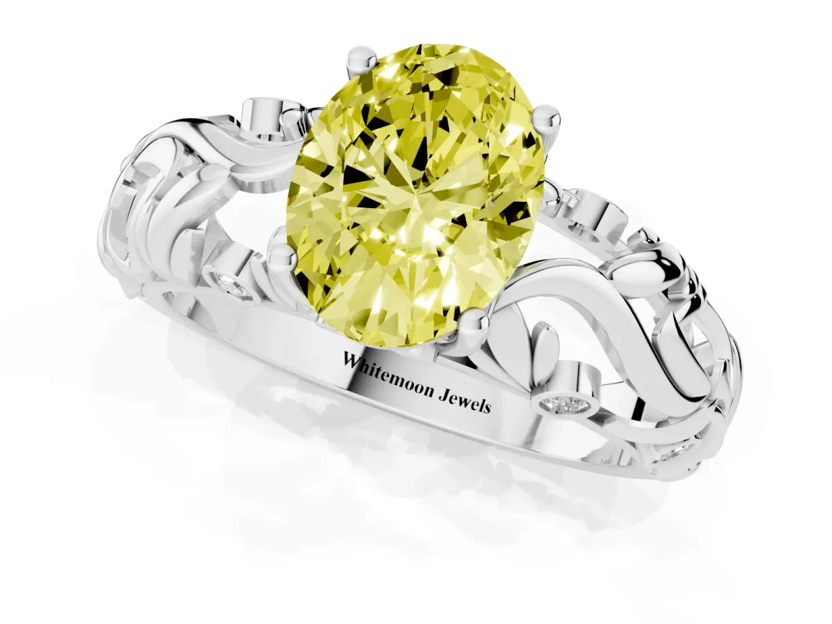 Fancy Yellow Oval Cut Solitaire Diamond Leaf-Inspired Vine Band Ring with Prong Setting Silver