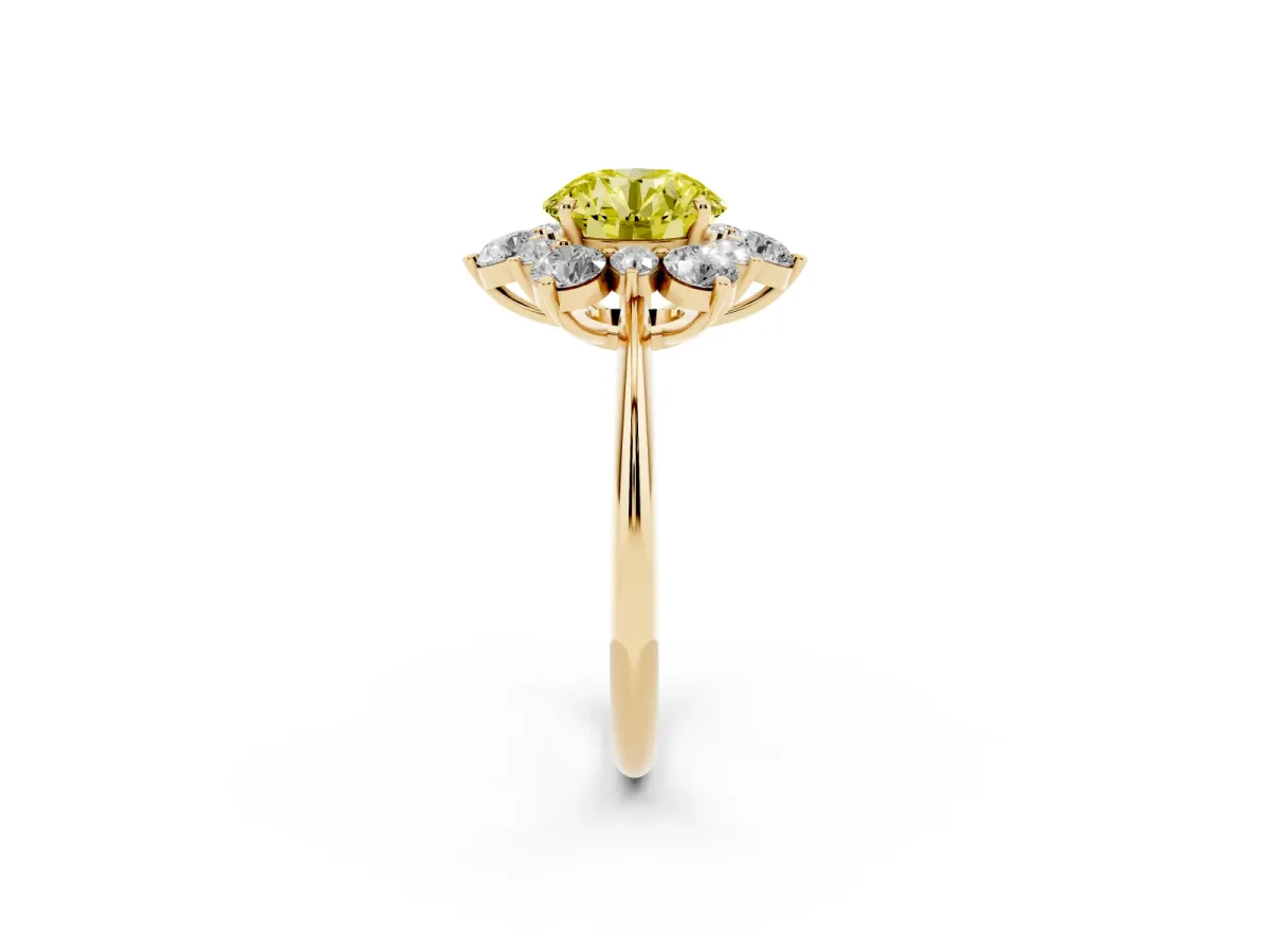 Fancy Yellow Round Cut Diamond Cluster Halo Ring with Solitaire Band and Four-Prong Setting Yellow gold