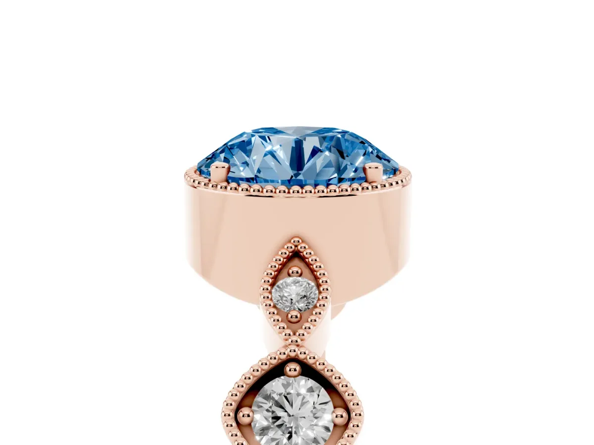 Fancy Blue Round Cut Diamond Vintage Milgrain Ring with Round Stations Rose gold
