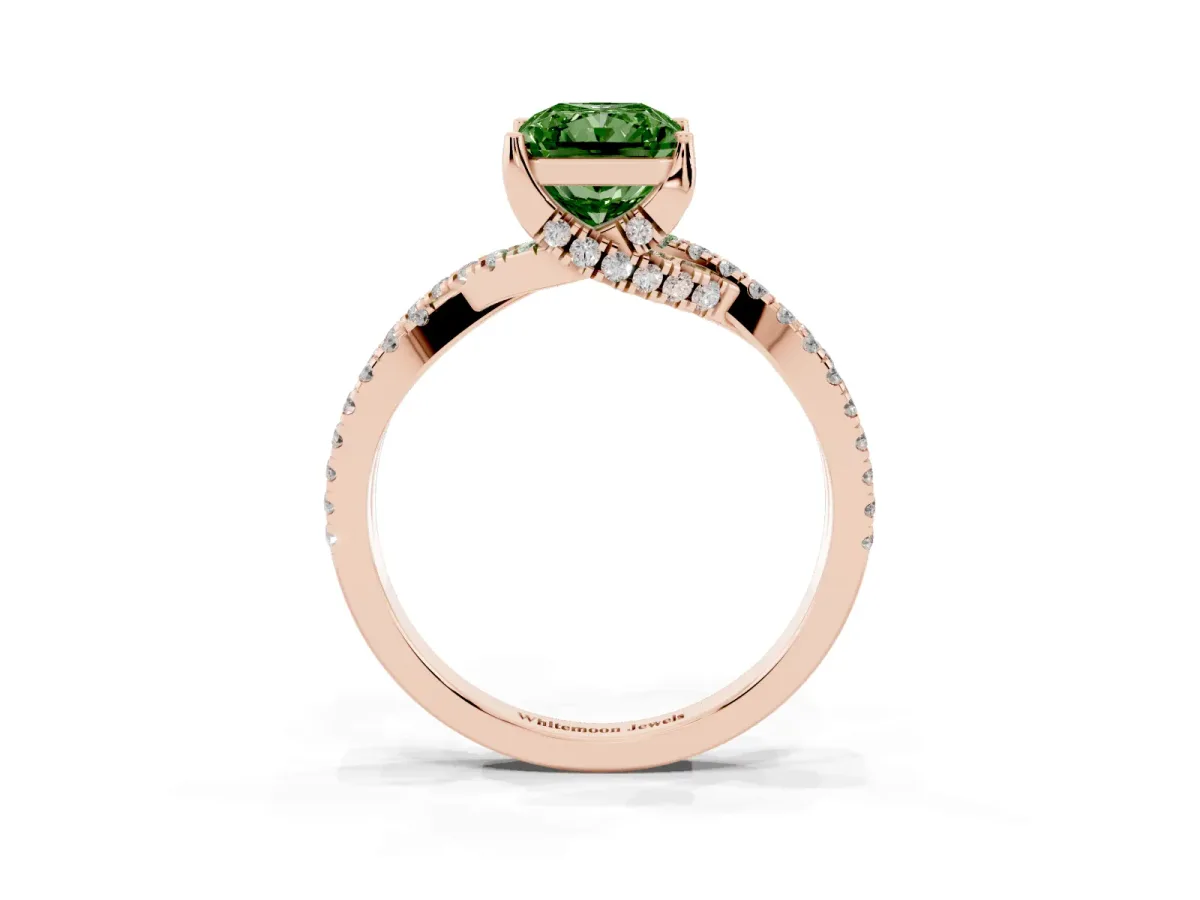 Fancy Green Radiant Cut Solitaire Twist Pave Diamond Engagement Ring with Prong Setting Rose gold