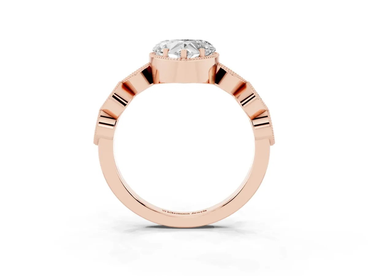 Heart Cut Diamond Vintage Milgrain Ring with Round Stations Rose gold
