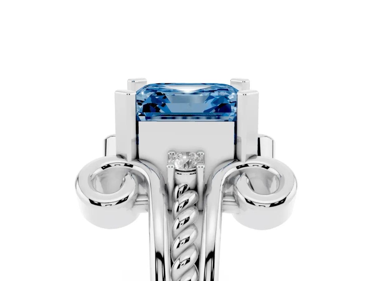 Fancy Blue Asscher Cut Solitaire Twisted Band Scroll Prong Ring Silver