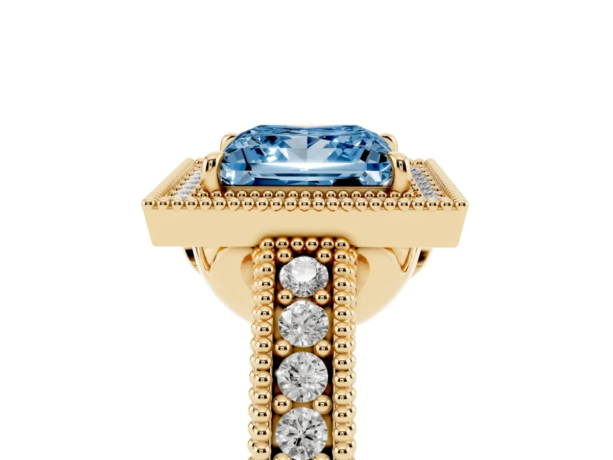 Fancy Blue Princess Cut Cut Halo Diamond Ring with Pavé Band and Four-Prong Setting Yellow gold