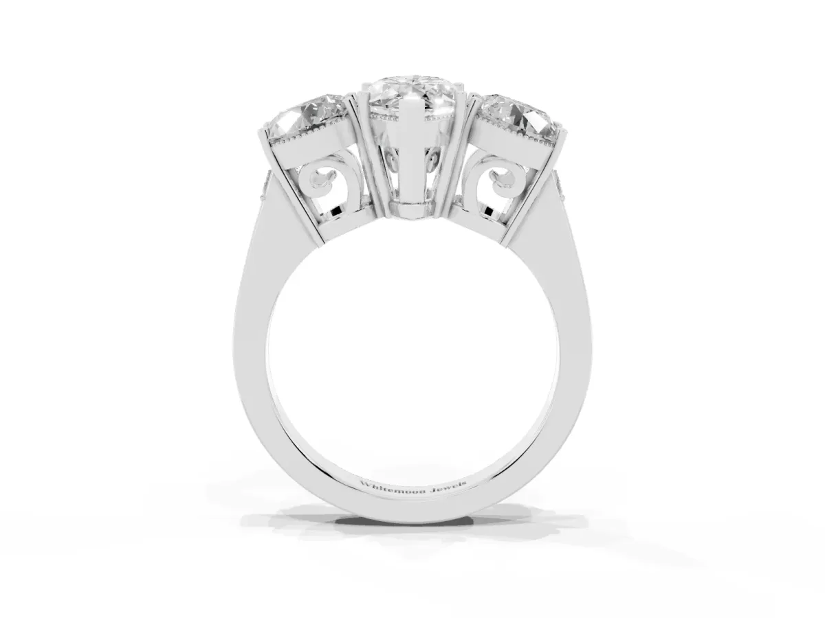Three-Stone Marquise Cut Diamond Engagement Ring with Prong Setting on a Classic Band Silver
