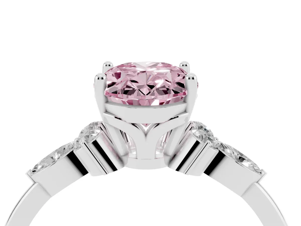 Fancy Pink Oval Cut Brilliant Diamond Solitaire Ring with Pear Side Stones and Four-Prong Setting Silver