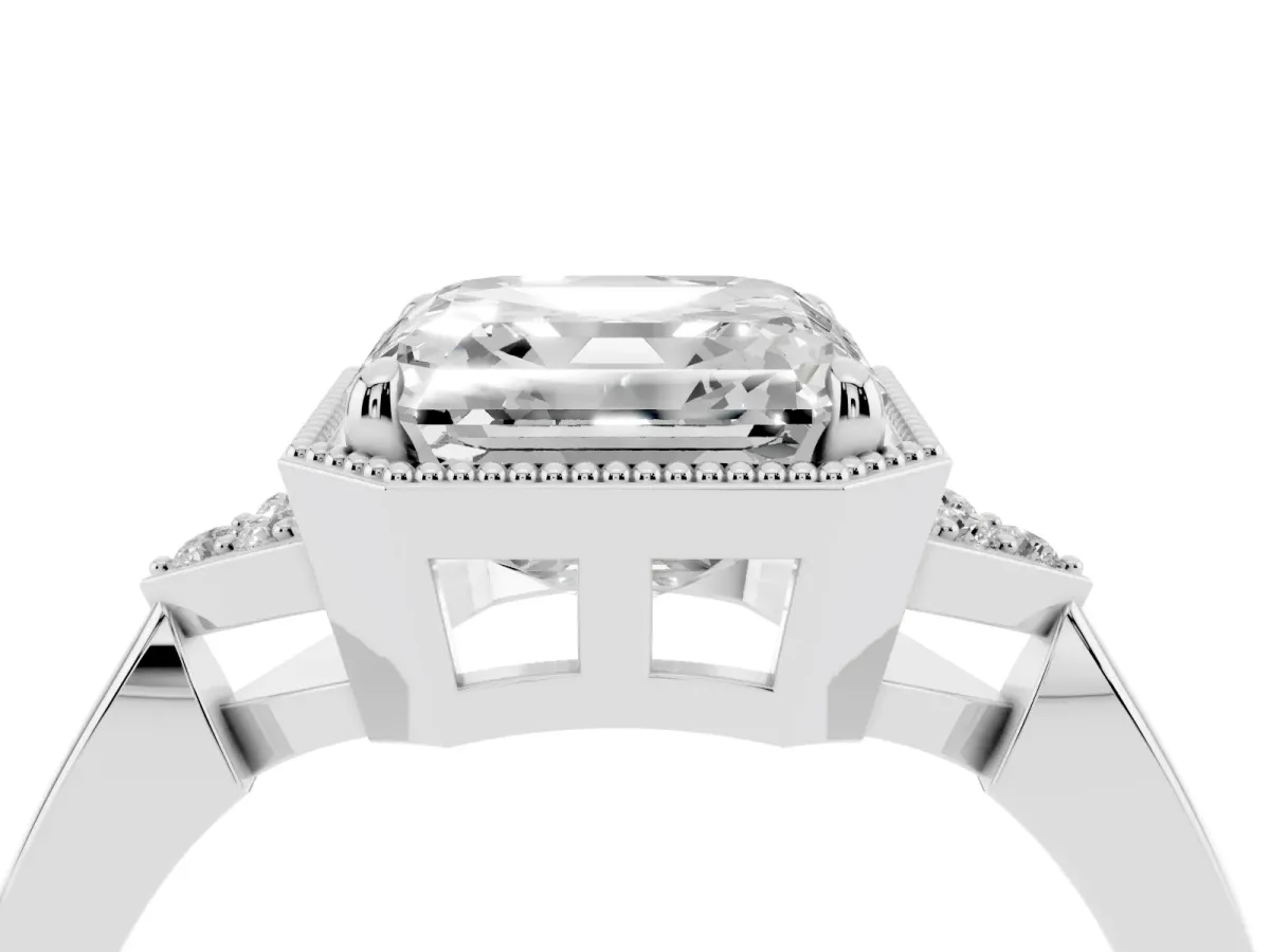 Asscher Cut Diamond Halo Ring with Tapered Band and Four-Prong Setting Silver
