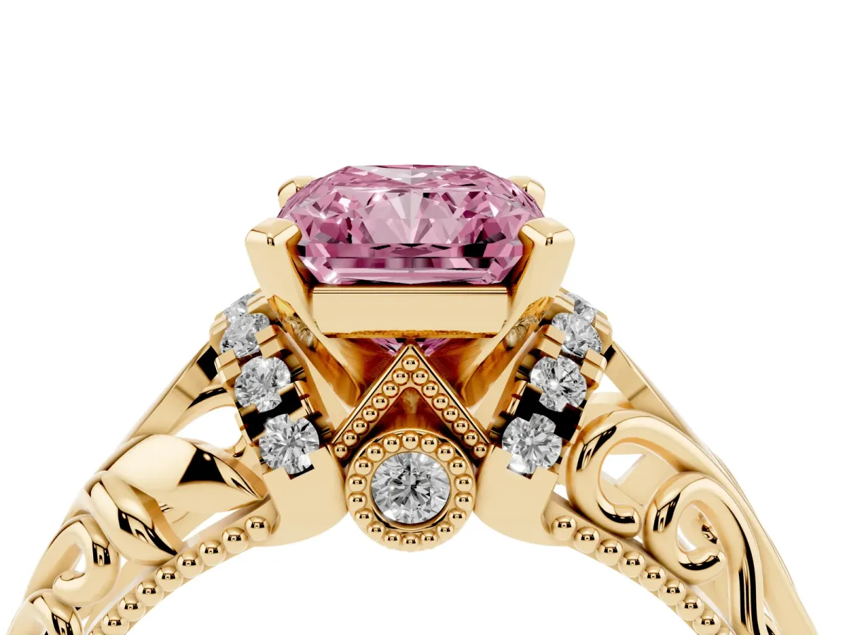 Fancy Pink Radiant Cut Solitaire Filigree Engagement Ring with Halo and Prong Setting Yellow gold
