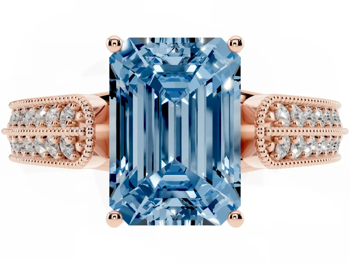 Fancy Blue Emerald Cut Cut Pave Split Shank Engagement Ring with Four-Prong Setting Rose gold