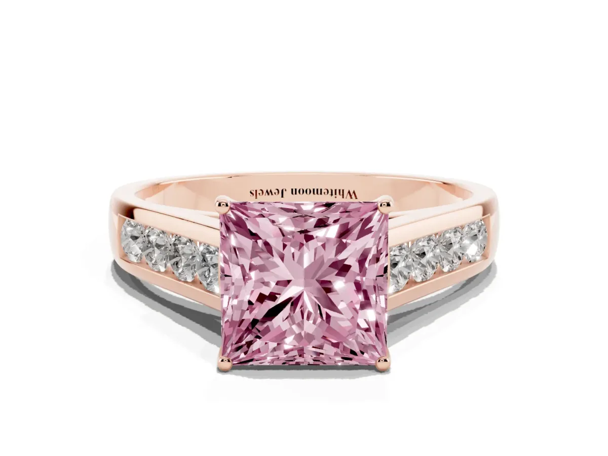 Fancy Pink Princess Cut Brilliant Channel-Set Solitaire Ring with Four-Prong Setting Rose gold