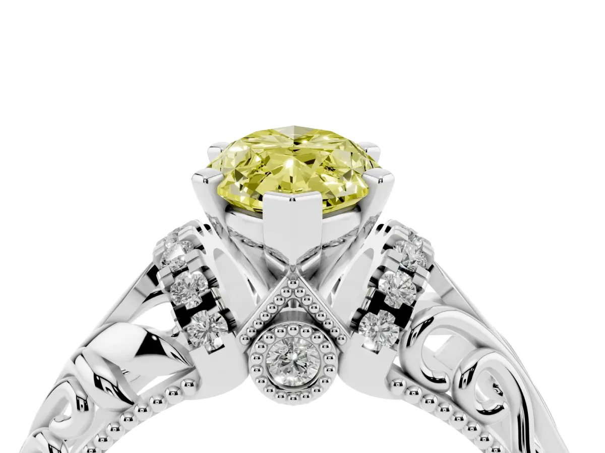 Fancy Yellow Marquise Cut Solitaire Filigree Engagement Ring with Halo and Prong Setting White gold
