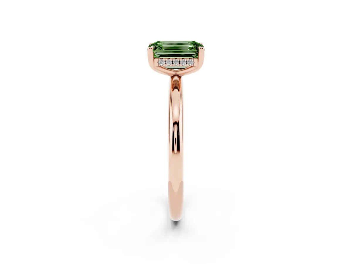 Fancy Green Emerald Cut Cut Solitaire Engagement Ring with Four-Prong Setting and Classic Band Rose gold