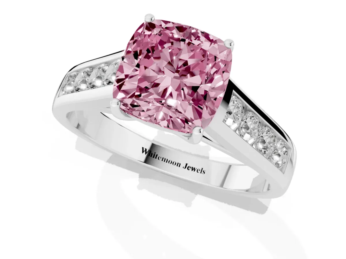 Fancy Pink Cushion Cut Solitaire Channel-Set Diamond Engagement Ring with Four-Prong Setting Silver