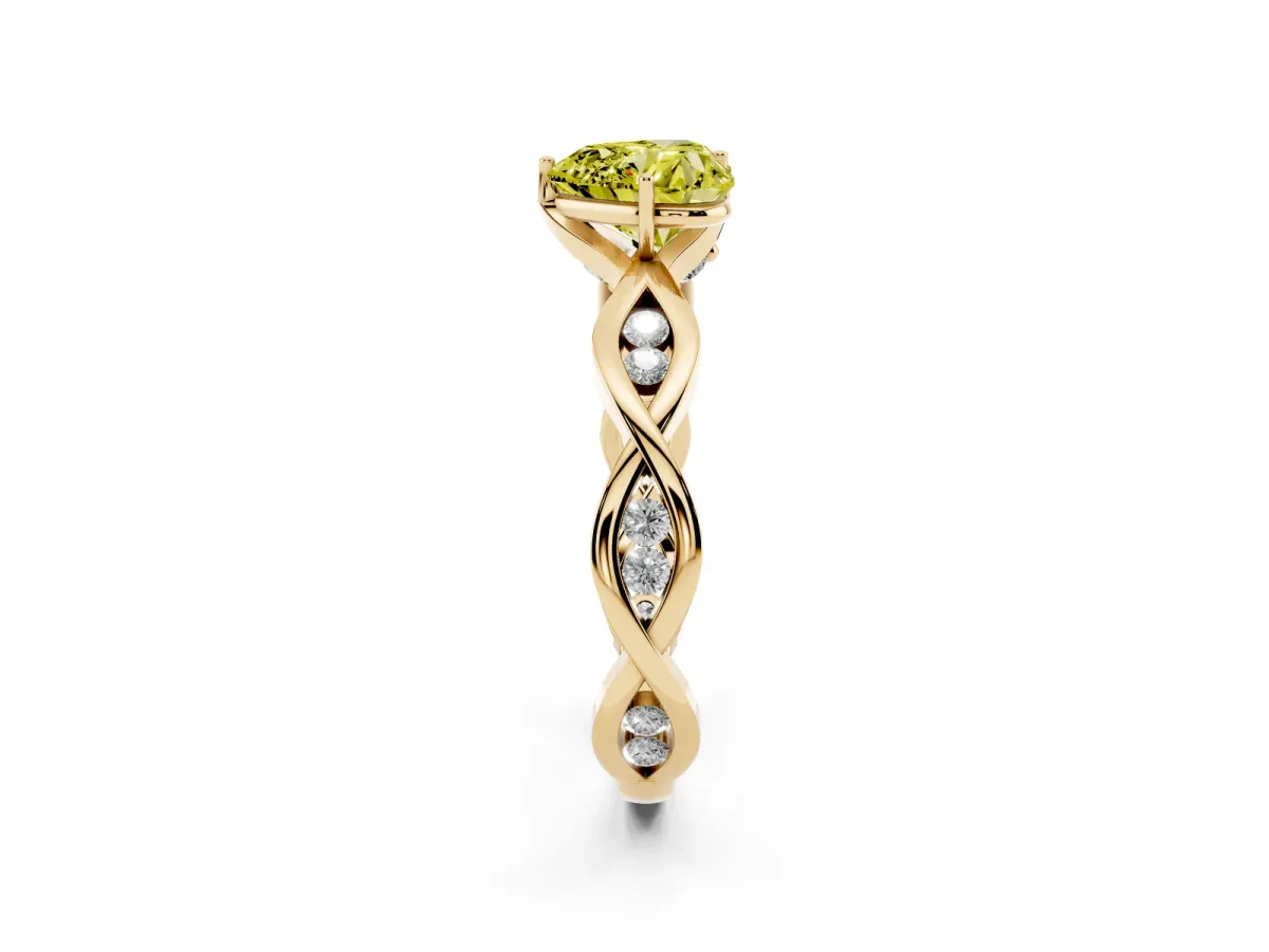 Fancy Yellow Heart Cut Solitaire Twist Band with Leaf Prong Setting Yellow gold
