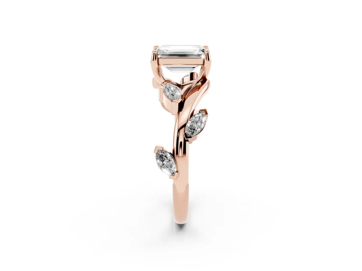Emerald Cut Solitaire Twisted Band Marquise Accent Prong Setting Ring Rose gold