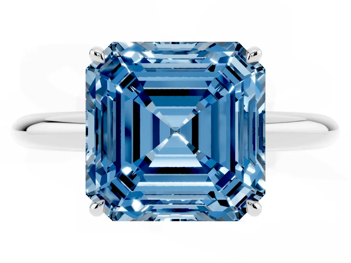 Fancy Blue Asscher Cut Brilliant Solitaire Engagement Ring with Six-Prong Setting and Classic Band Silver
