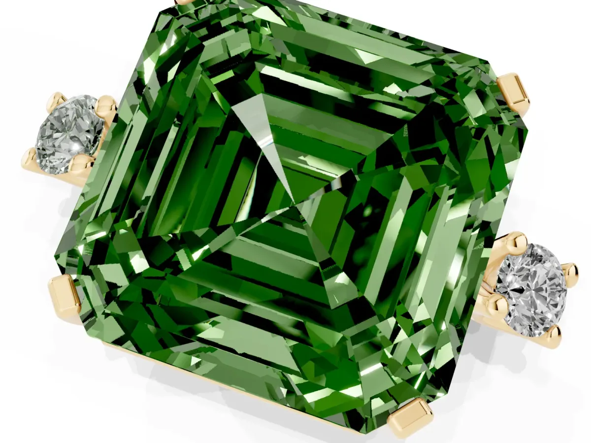 Fancy Green Asscher Cut Cut Three-Stone Solitaire Ring with Round Accent Diamonds and Four-Prong Setting Yellow gold