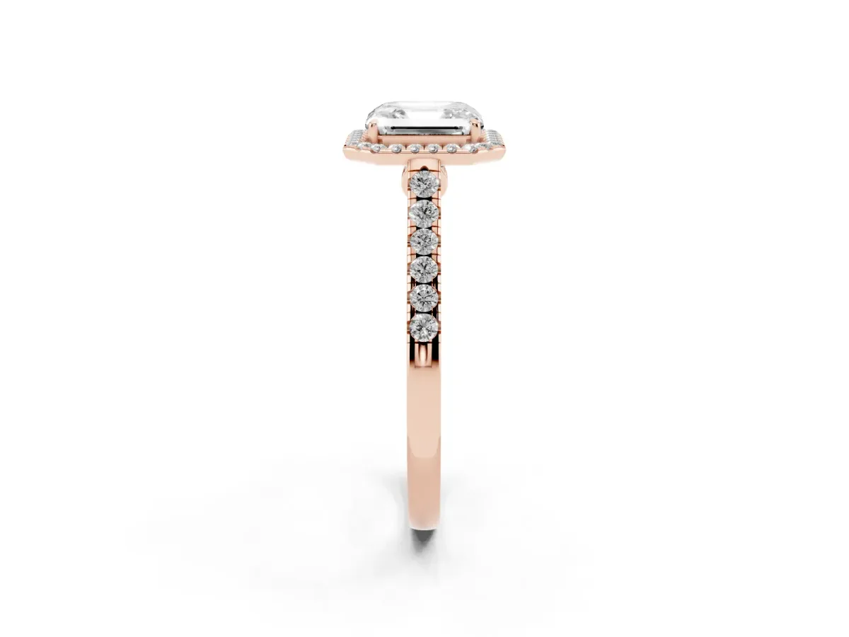 Asscher Cut Halo Pave Diamond Engagement Ring with Four-Prong Setting Rose gold