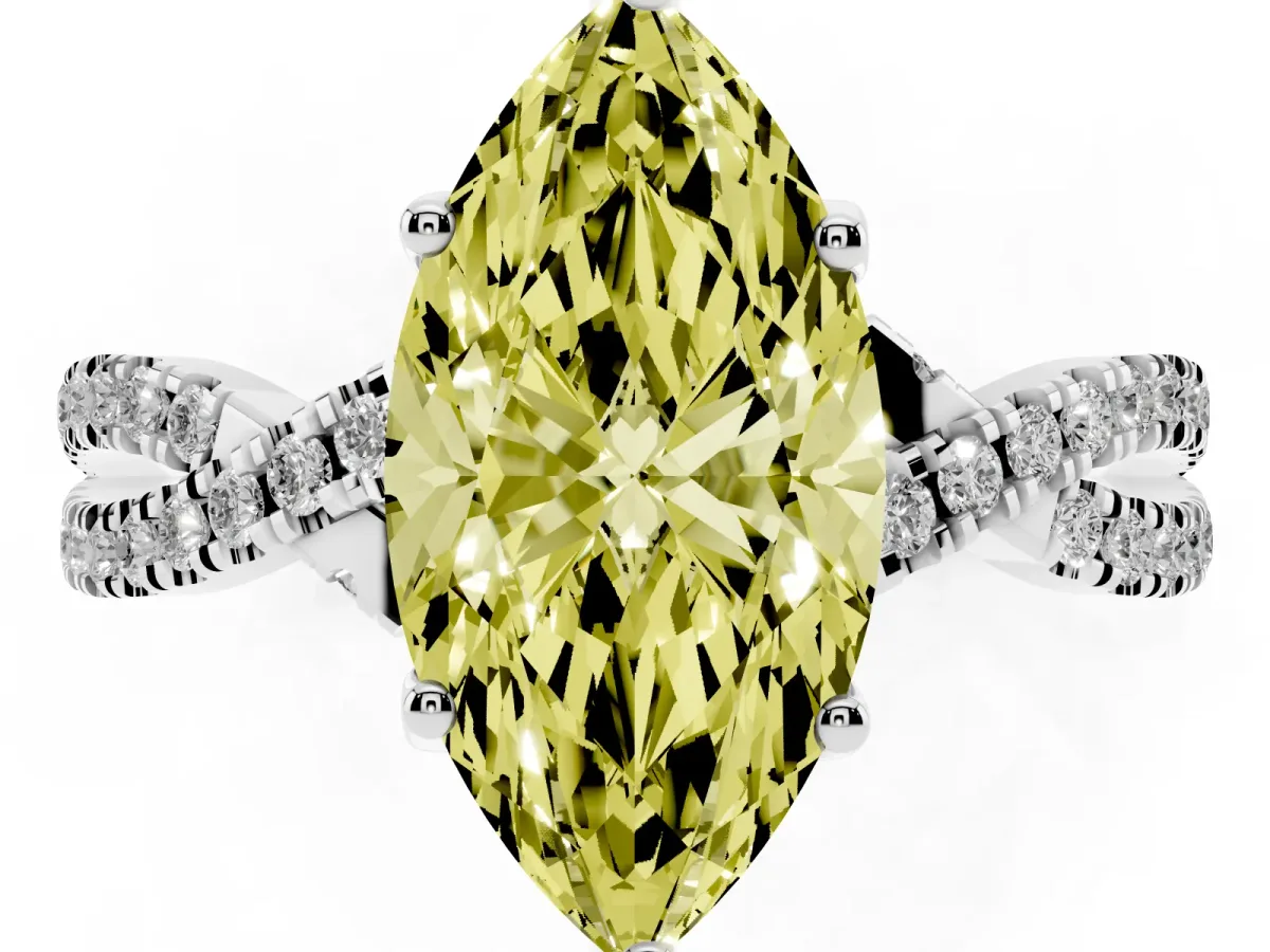 Fancy Yellow Marquise Cut Solitaire Twist Pave Diamond Engagement Ring with Prong Setting Silver